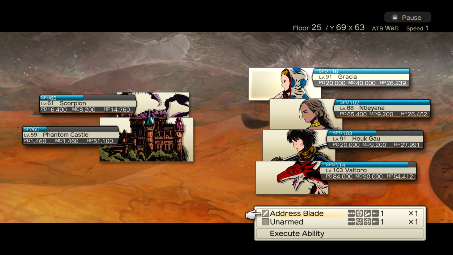 Screenshot from Dungeon Encounters, four characters are fighting a Scorpion and a Castle
