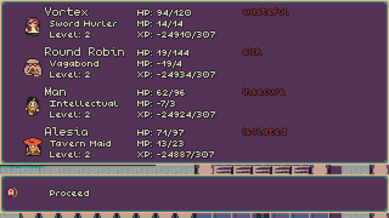 Screenshot showing the entire party with something like -24,000 XP.