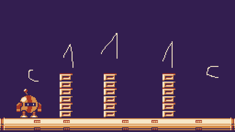 a flat surface with a robot on the left side. There are three walls in the middle, each being one tile wide.