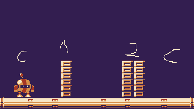 a flat surface with a robot on the left side. There are two walls in the middle, the first is one tile wide, the second is two tiles wide.