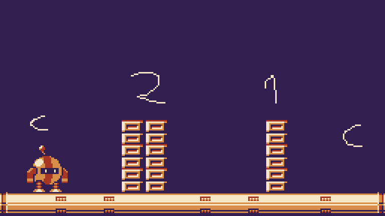 a flat surface with a robot on the left side. There are two walls in the middle, the first is two tiles wide, the second is only one tile wide.