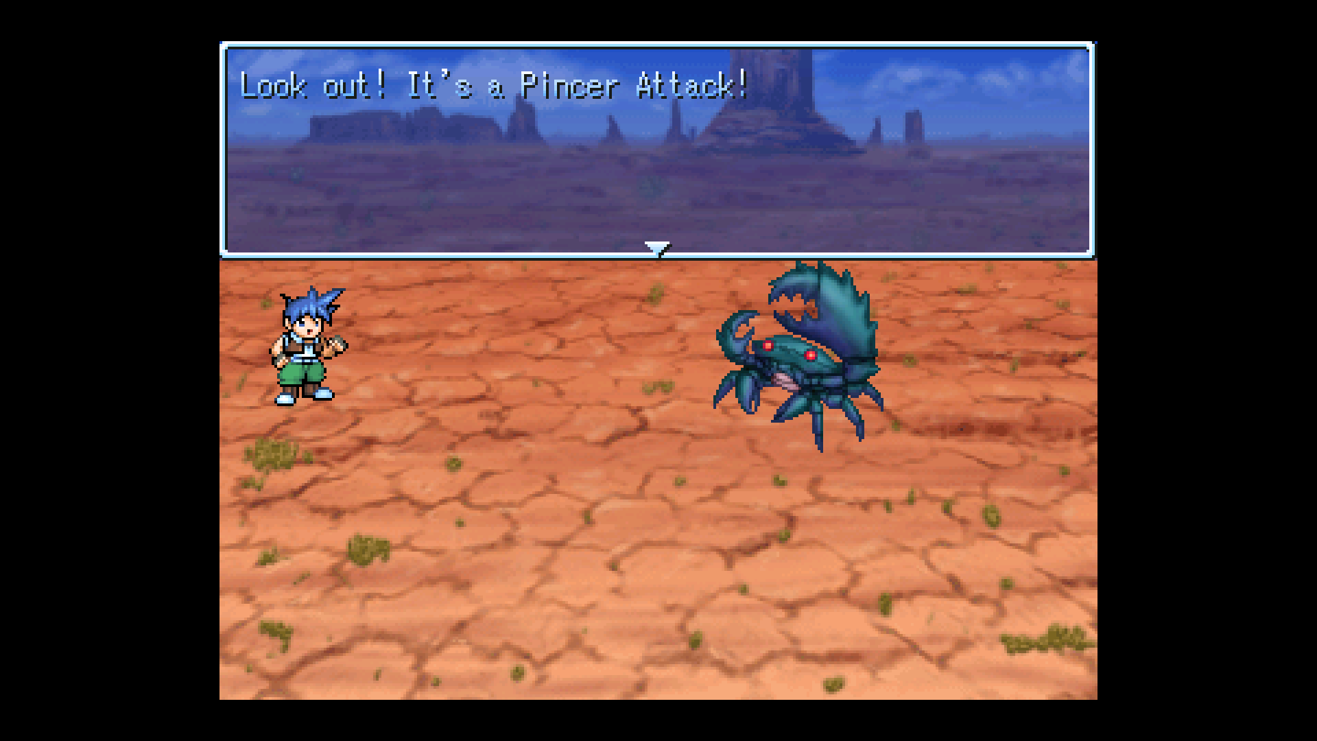Screenshot of my RPG Maker project. It shows a Crab enemy attacking the player in a Pincer Attack.
