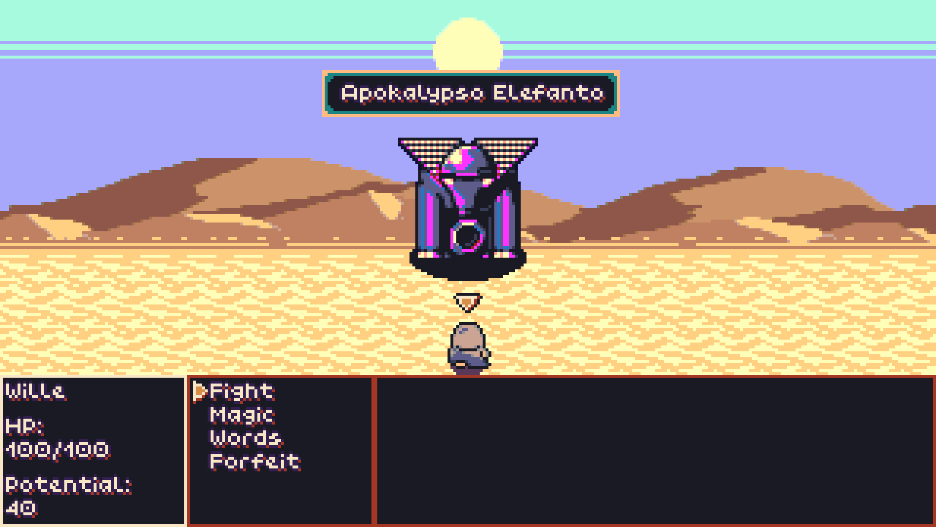 Fighting an Enemy called Apocalypso Elefanto in a desert.