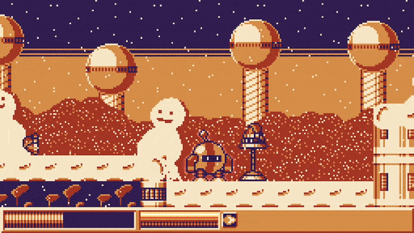 Sequence of a round robot shooting various other Robots that are all wearing tiny santa hats