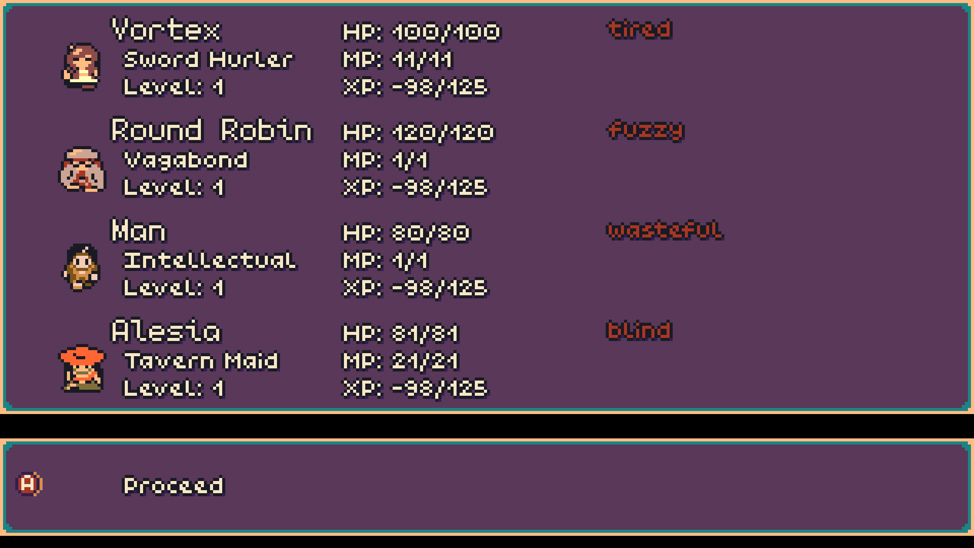 Similar screenshot to before, but now the party is only 98 XP in debt.