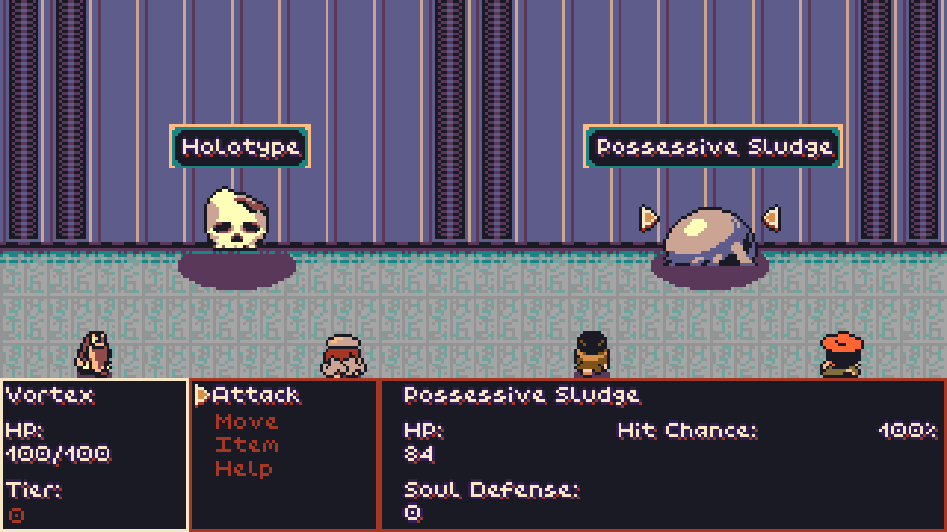 Another Screenshot from my personal project. The Party is in a fight with a floating Skull called 'The Holotype' and a Slime called 'Possessive Sludge'