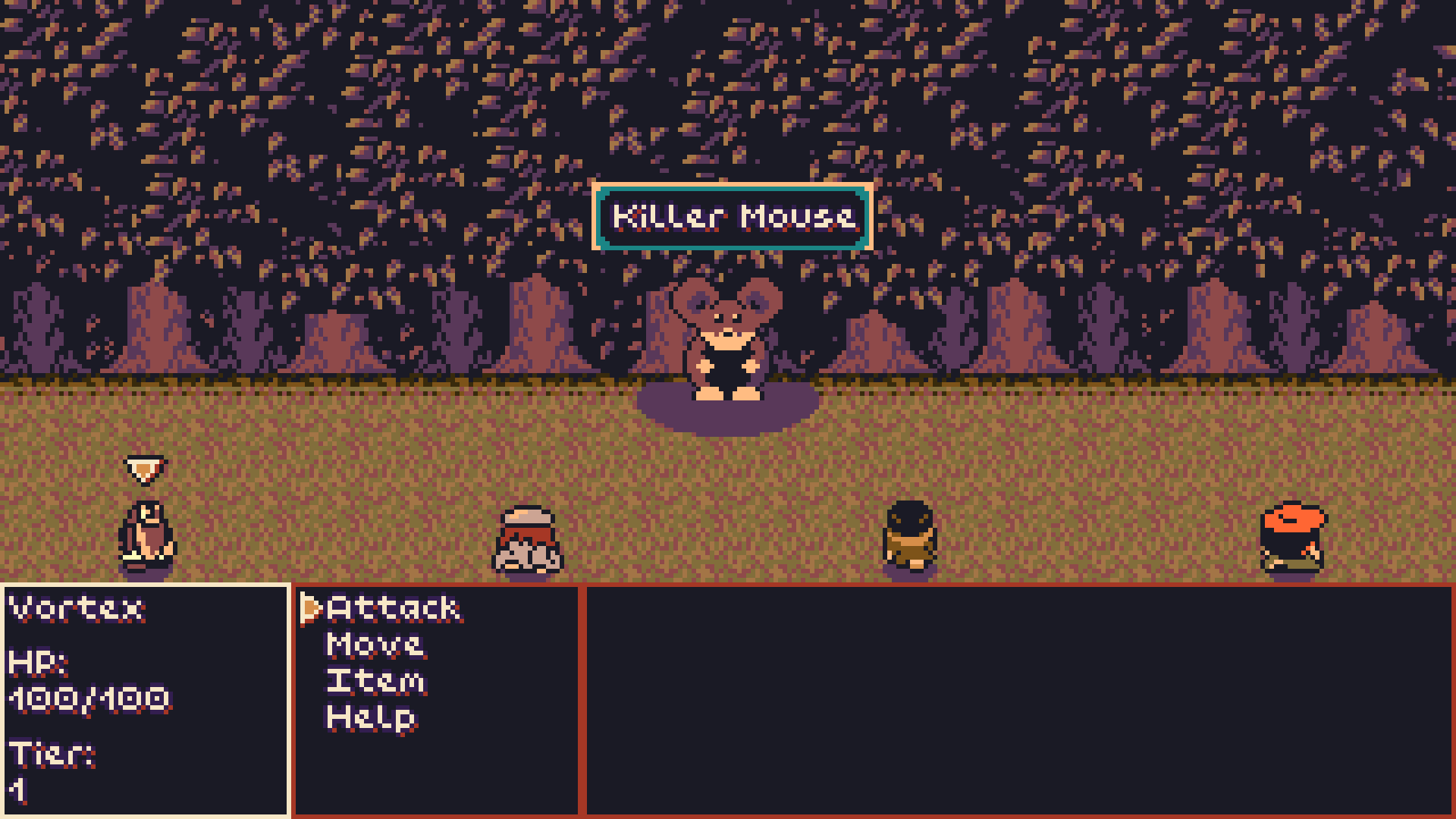 Screenshot from a game I'm working on. It shows a group of four people facing an enemy called 'Killer Mouse'