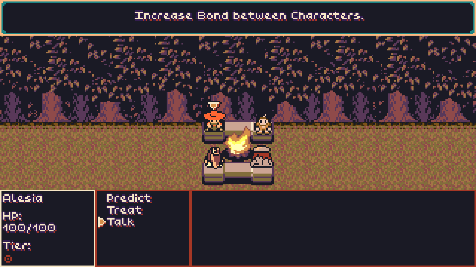Screenshot of four characters sitting around a campfire