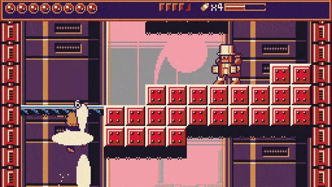 Older Gif that shows the player in Virtue's Heaven continously moving through a long vertical section, repeatedly destroying enemies in her path.